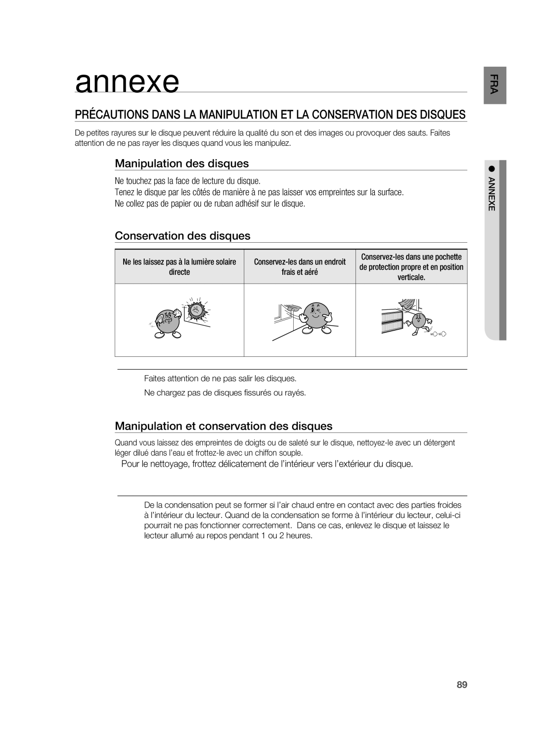 Samsung HT-BD1220R/XEF manual Annexe, Manipulation des disques, Conservation des disques 