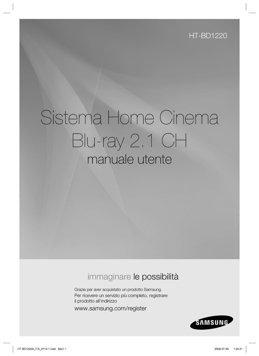 Samsung HT-BD1220R/XET manual Sistema Home Cinema Blu-ray 2.1 CH, Grazie per aver acquistato un prodotto Samsung 