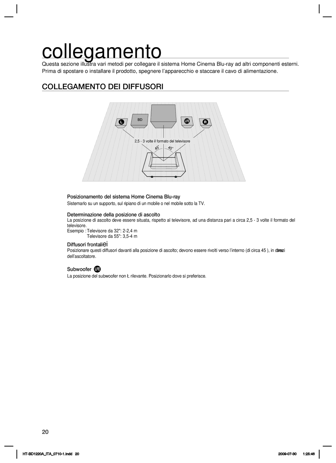 Samsung HT-BD1220R/XET manual Collegamento DEI Diffusori 