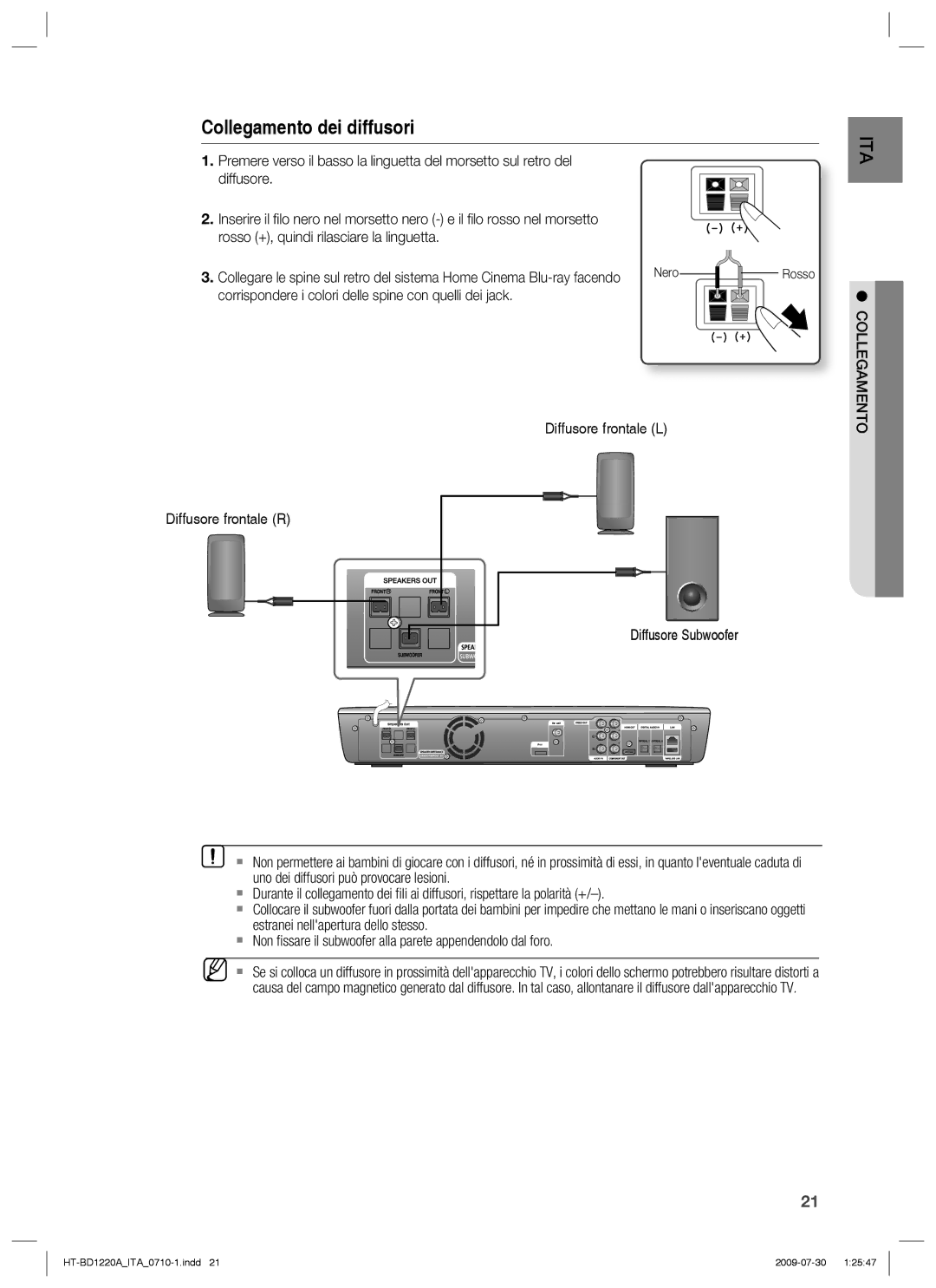 Samsung HT-BD1220R/XET manual Collegamento dei diffusori, Rosso +, quindi rilasciare la linguetta 