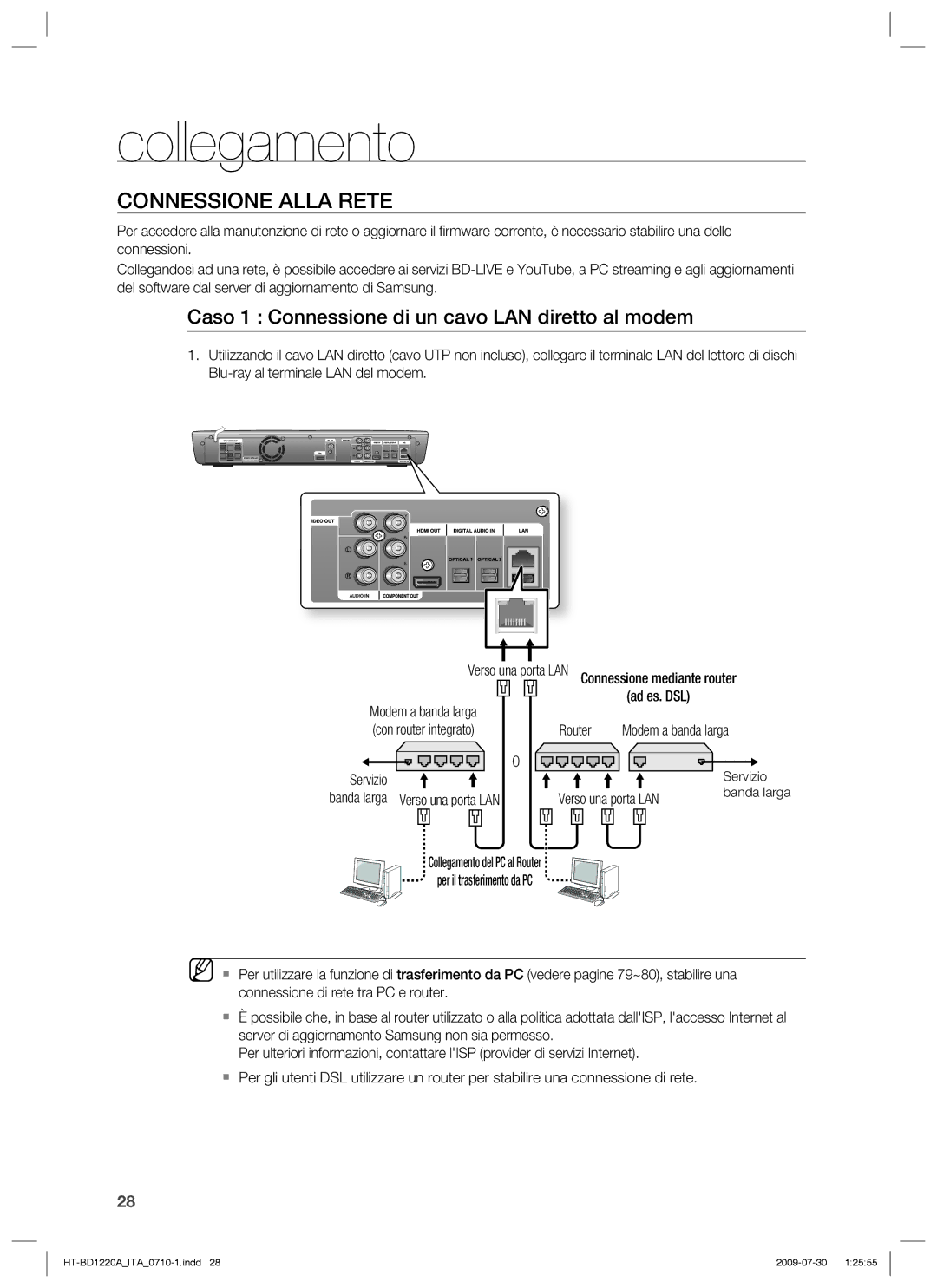 Samsung HT-BD1220R/XET Connessione Alla Rete, Caso 1 Connessione di un cavo LAN diretto al modem, Verso una porta LAN 