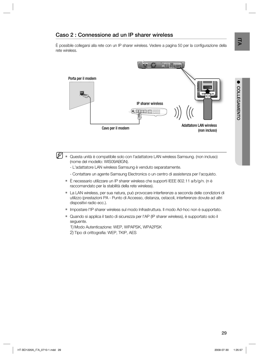 Samsung HT-BD1220R/XET manual Caso 2 Connessione ad un IP sharer wireless, Non incluso 