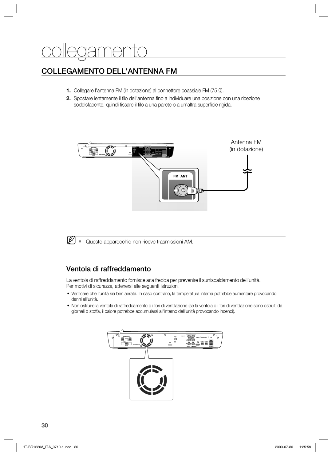 Samsung HT-BD1220R/XET manual Collegamento Dellantenna FM, Ventola di raffreddamento, Antenna FM in dotazione 