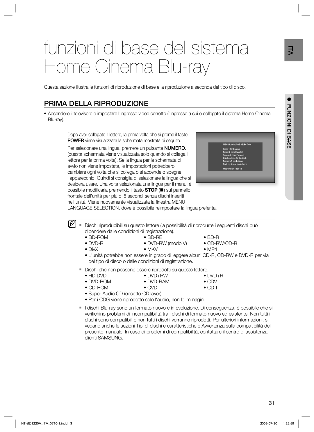 Samsung HT-BD1220R/XET manual Prima Della Riproduzione 