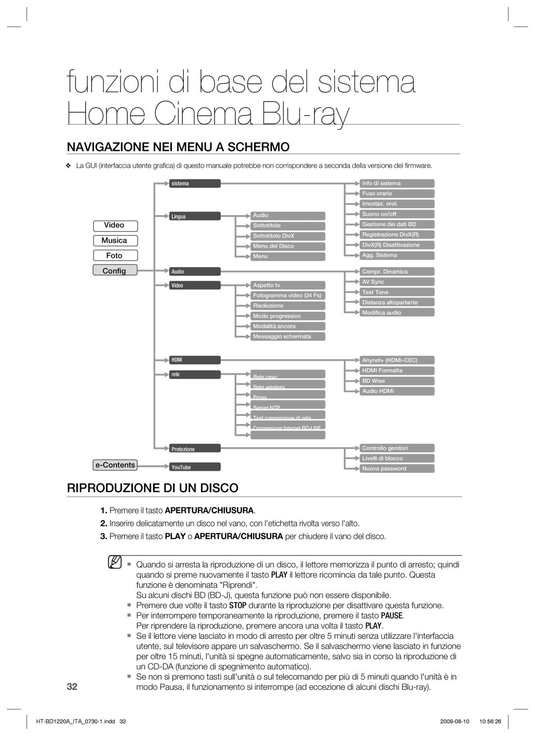 Samsung HT-BD1220R/XET manual Navigazione NEI Menu a Schermo, Riproduzione DI UN Disco 