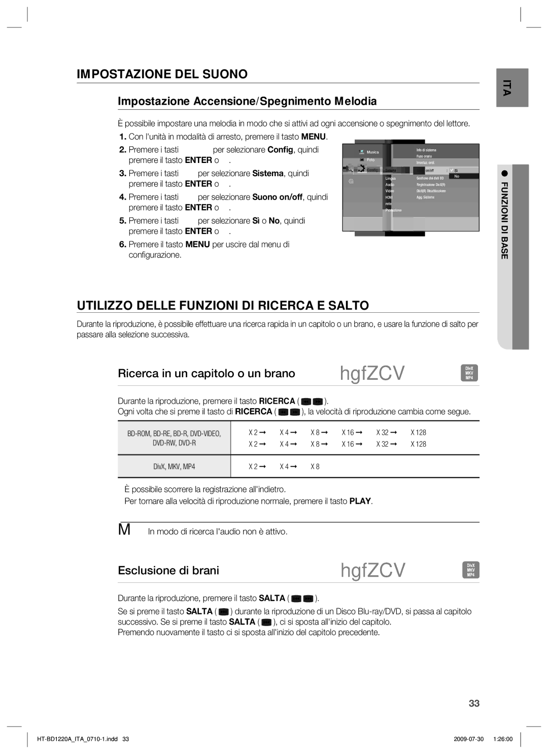 Samsung HT-BD1220R/XET manual Impostazione DEL Suono, Utilizzo Delle Funzioni DI Ricerca E Salto, Esclusione di brani 