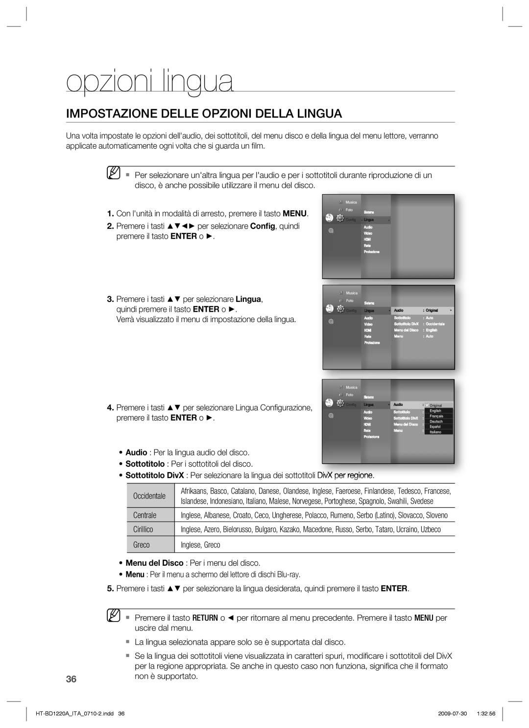 Samsung HT-BD1220R/XET Opzioni lingua, Impostazione Delle Opzioni Della Lingua, Centrale, Cirillico, Non è supportato 