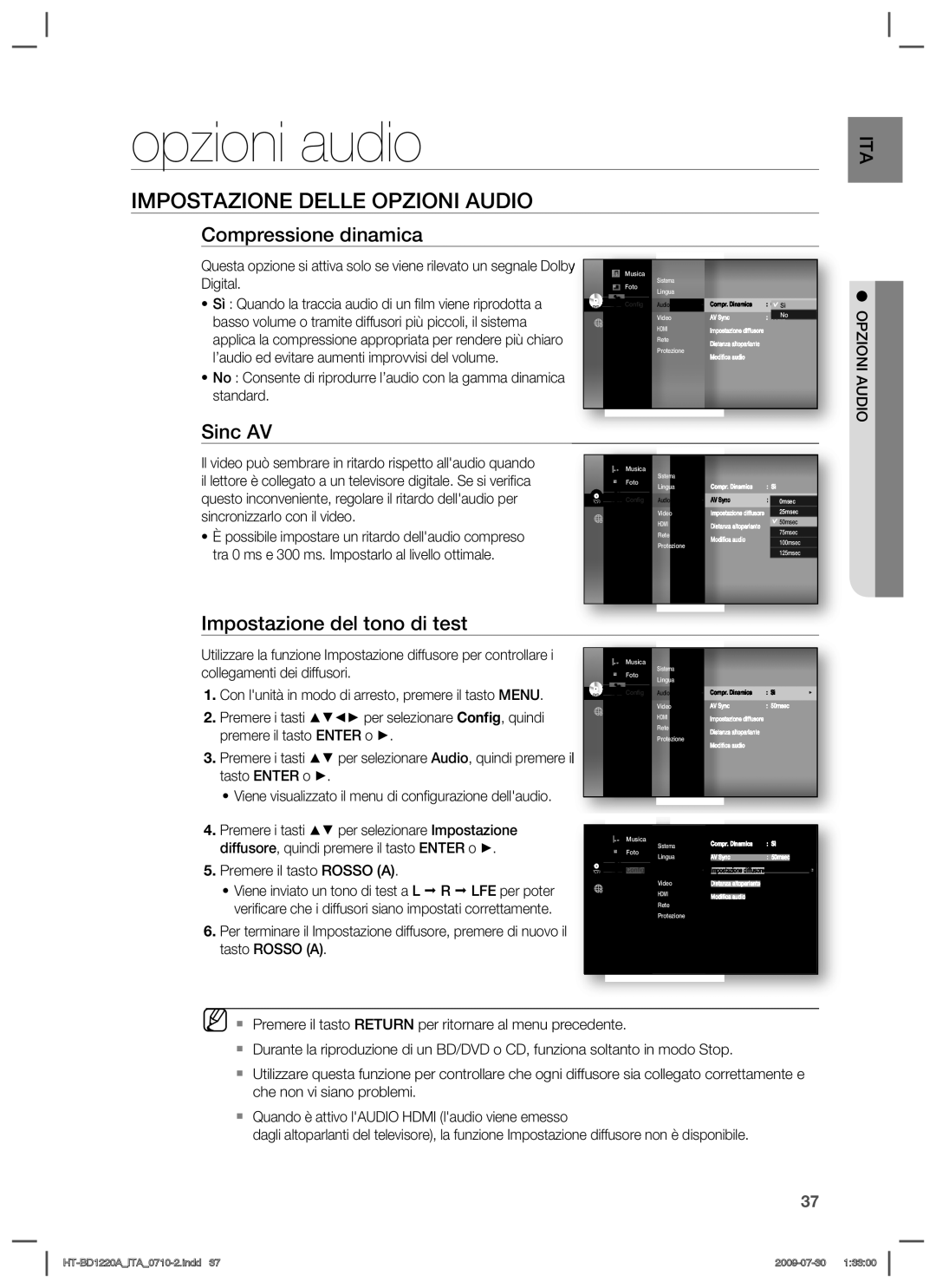 Samsung HT-BD1220R/XET manual Opzioni audio, Impostazione Delle Opzioni Audio, Compressione dinamica, Sinc AV 