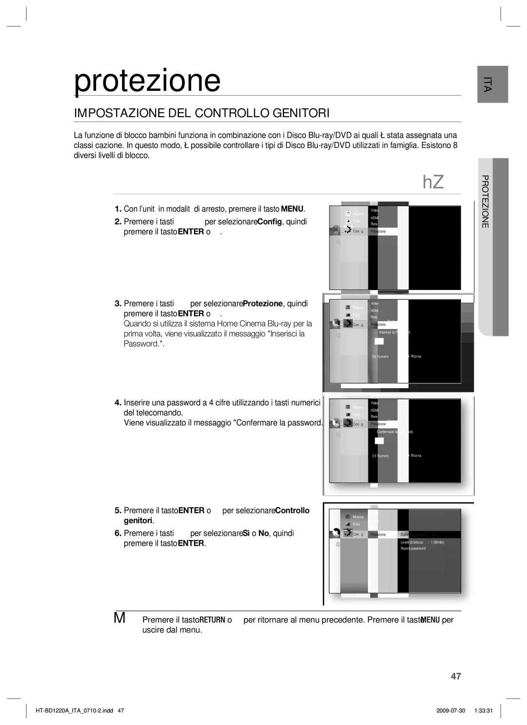 Samsung HT-BD1220R/XET manual Protezione, Impostazione DEL Controllo Genitori, Password, Del telecomando 