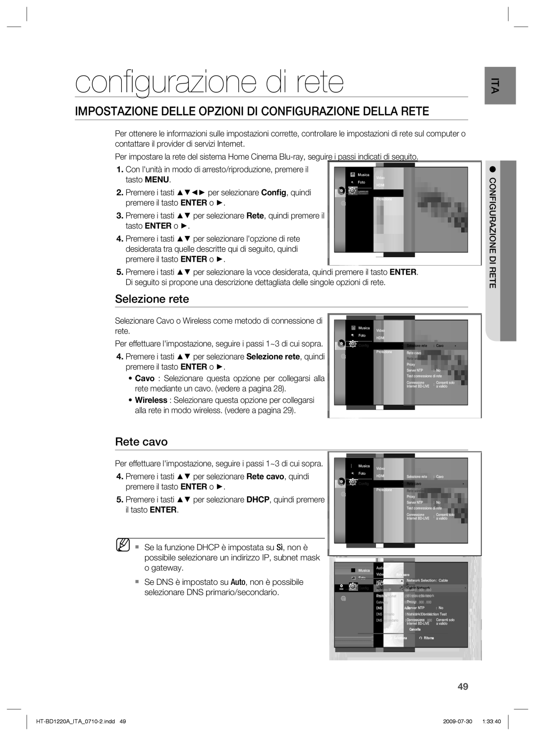 Samsung HT-BD1220R/XET Conﬁgurazione di rete, Impostazione Delle Opzioni DI Configurazione Della Rete, Selezione rete 