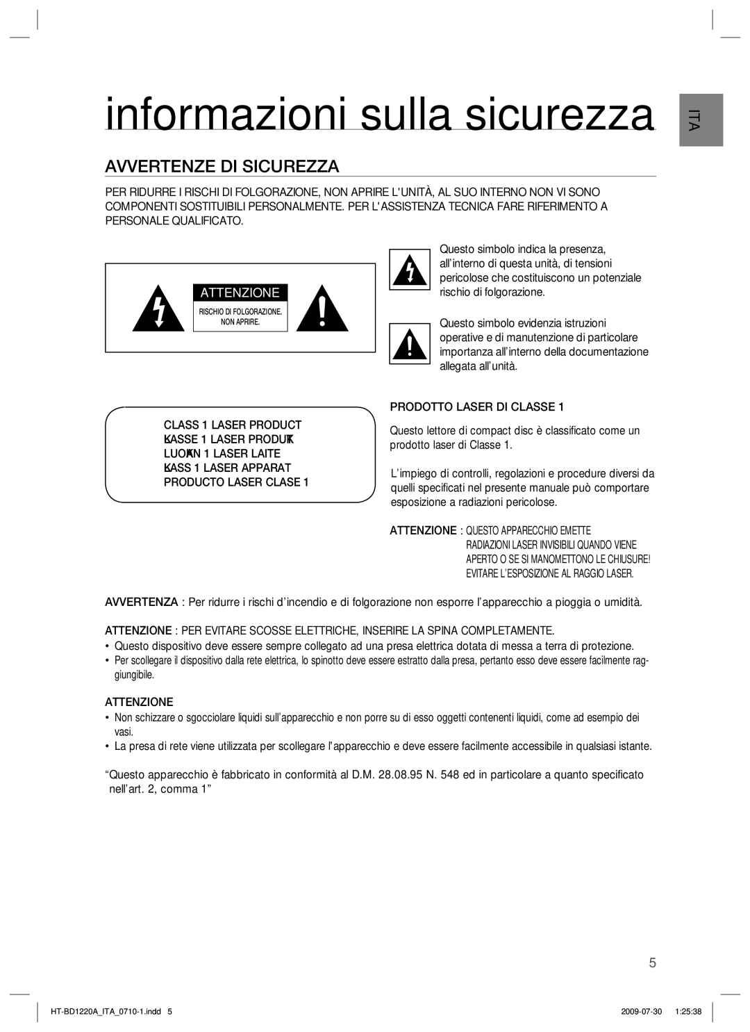 Samsung HT-BD1220R/XET manual Informazioni sulla sicurezza, Avvertenze DI Sicurezza, Attenzione 