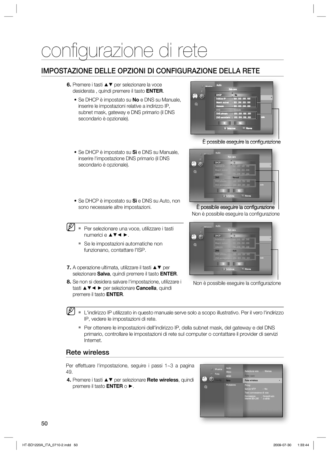 Samsung HT-BD1220R/XET manual Rete wireless, Possibile eseguire la conﬁ gurazione 