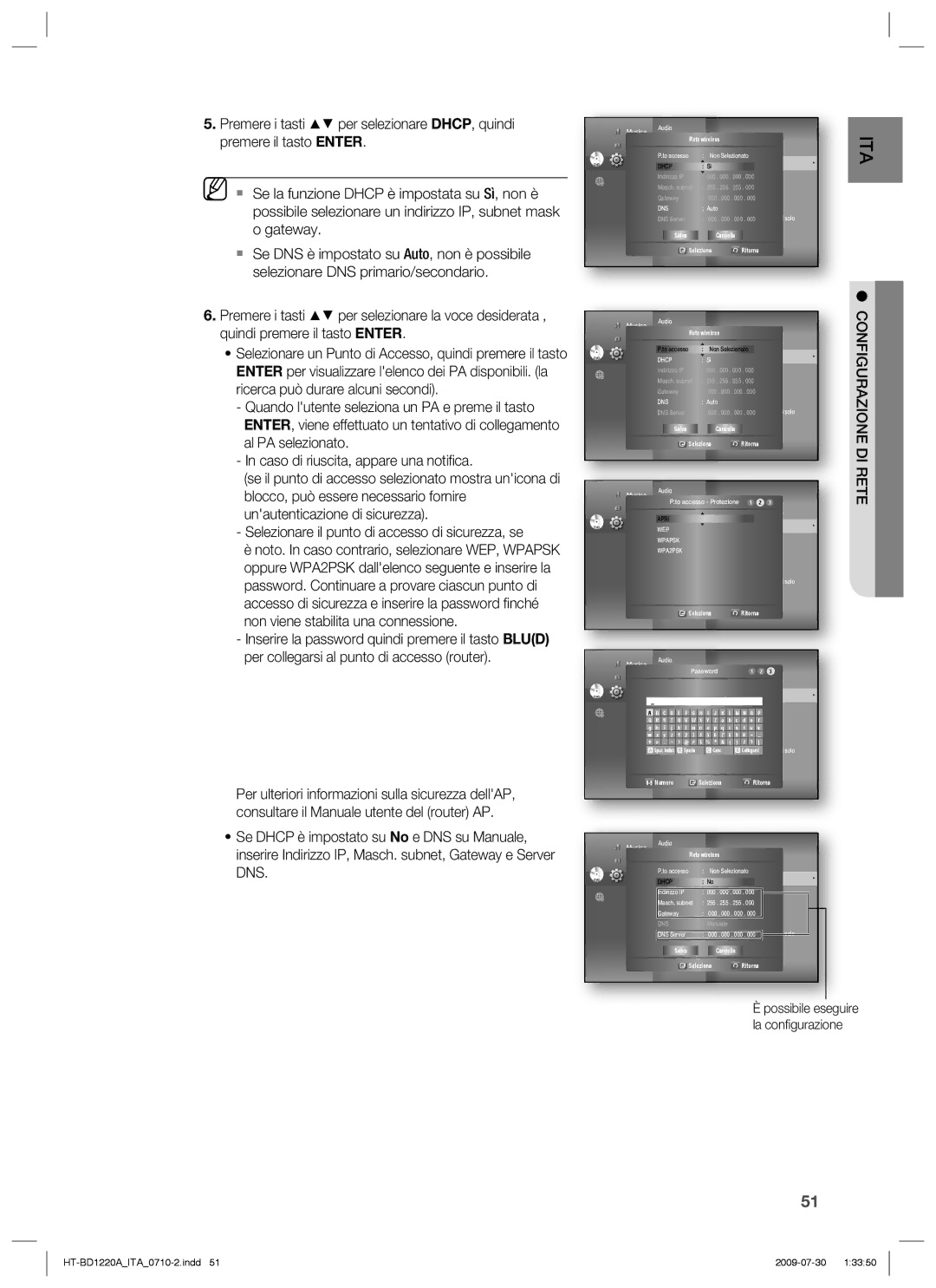 Samsung HT-BD1220R/XET manual Premere il tasto Enter, Configurazione DI Rete 