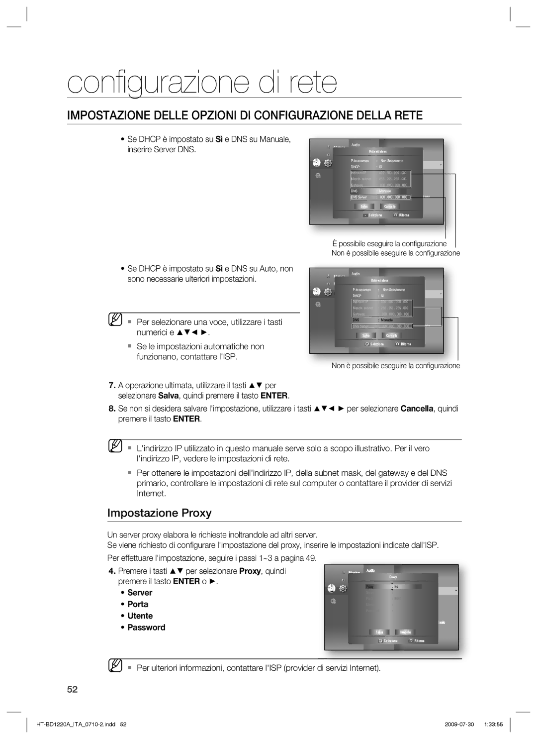 Samsung HT-BD1220R/XET manual Impostazione Proxy, Server Porta Utente Password 