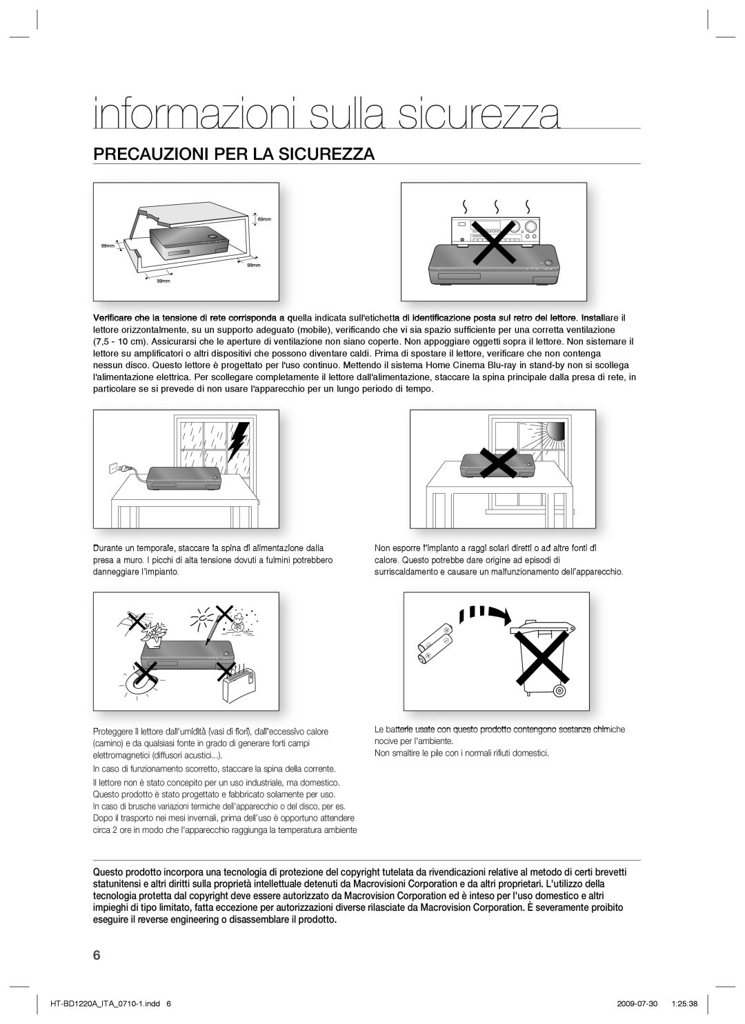 Samsung HT-BD1220R/XET manual Precauzioni PER LA Sicurezza 