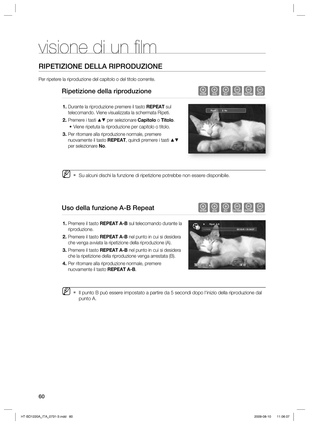 Samsung HT-BD1220R/XET manual Ripetizione Della Riproduzione, Ripetizione della riproduzione, Uso della funzione A-B Repeat 