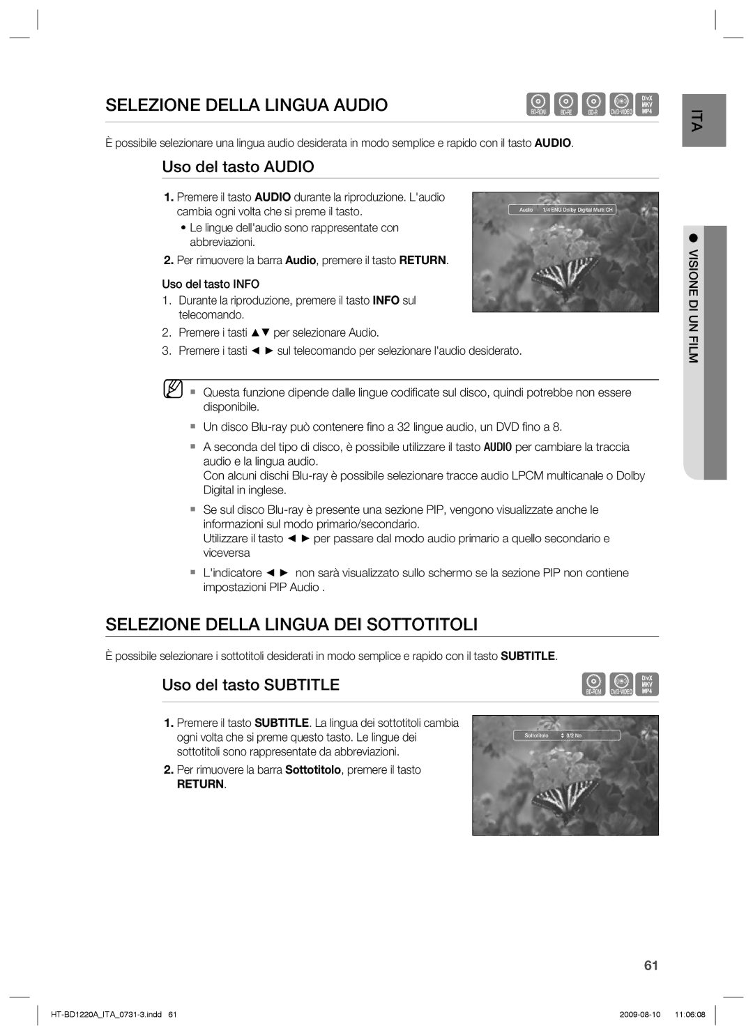 Samsung HT-BD1220R/XET manual Selezione Della Lingua DEI Sottotitoli, Uso del tasto Audio, Uso del tasto Subtitle 