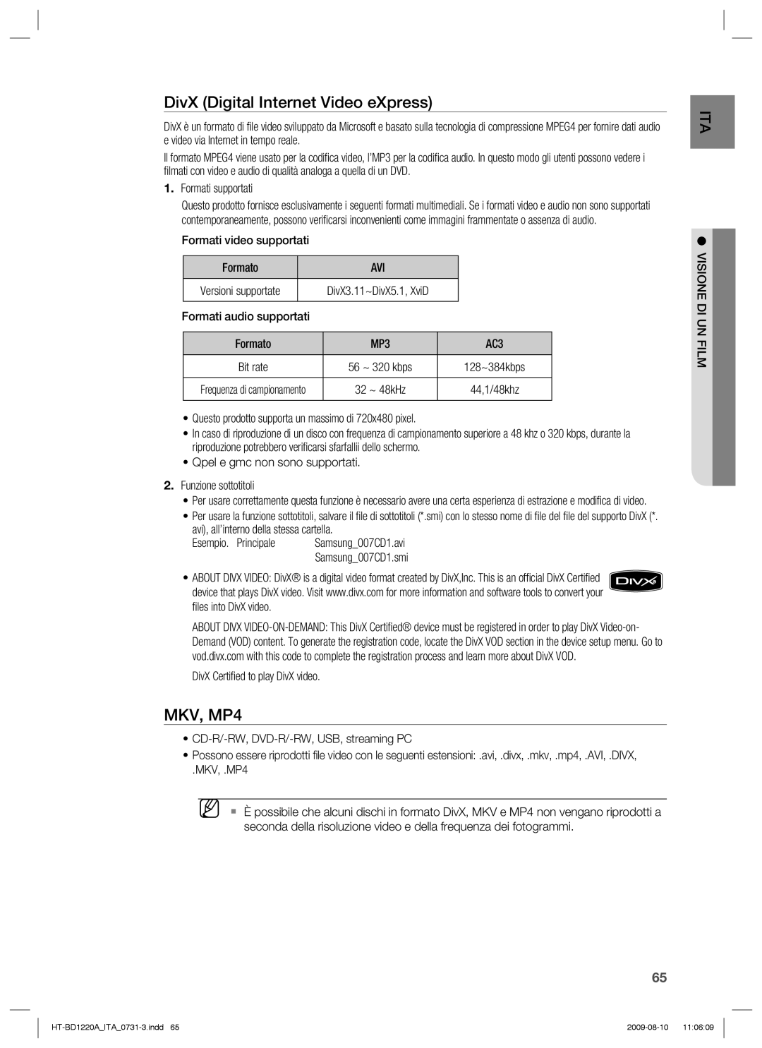 Samsung HT-BD1220R/XET manual DivX Digital Internet Video eXpress, Avi, Visione Diwatching AUN Filmmovie 