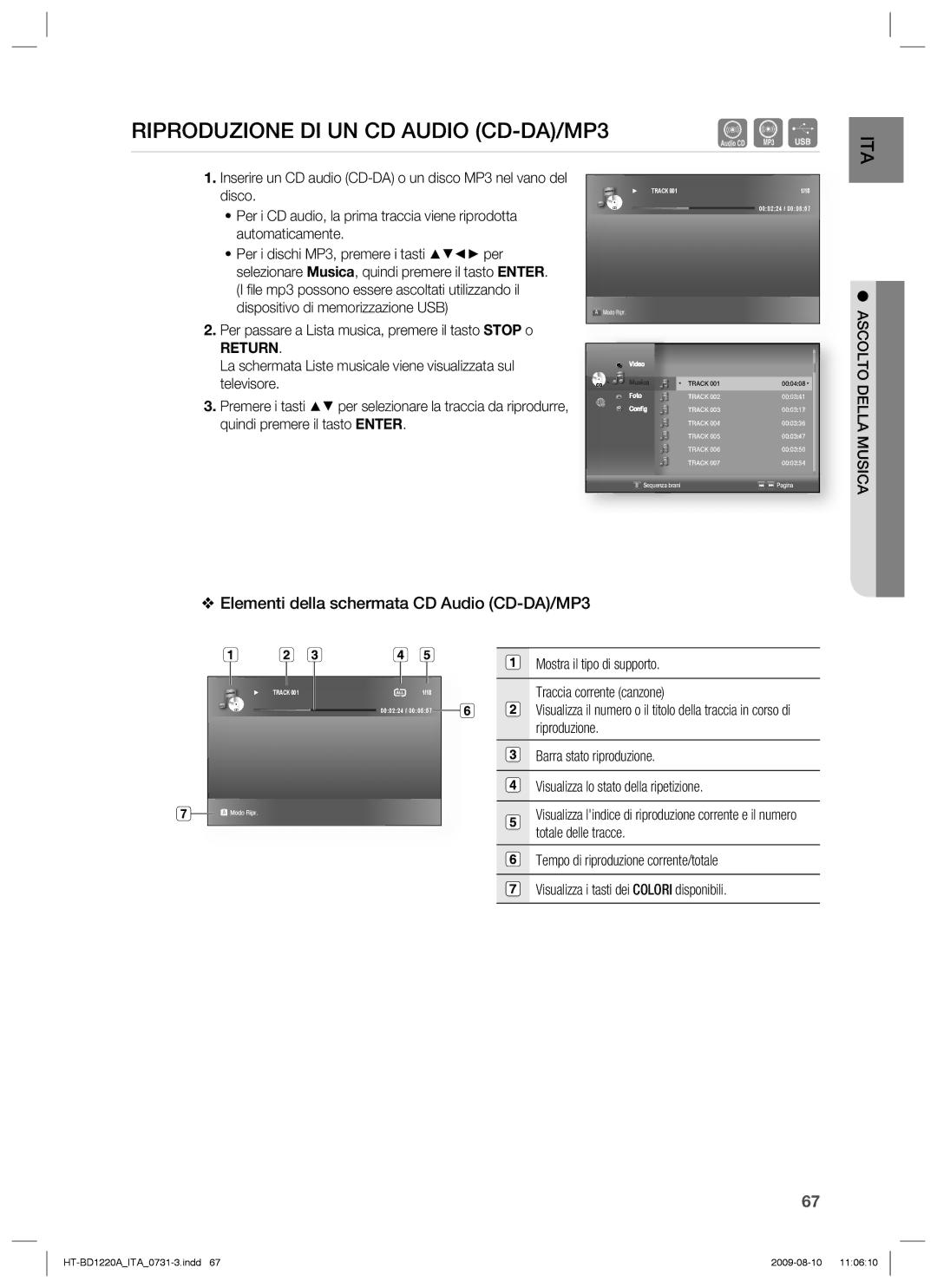 Samsung HT-BD1220R/XET manual Riproduzione DI UN CD Audio CD-DA/MP3, Elementi della schermata CD Audio CD-DA/MP3 