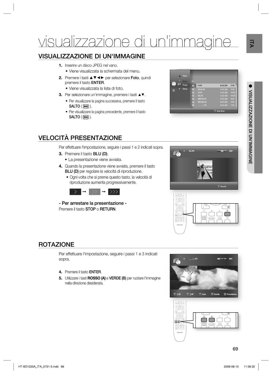 Samsung HT-BD1220R/XET Visualizzazione DI Unimmagine, Velocità Presentazione, Rotazione, Per arrestare la presentazione 