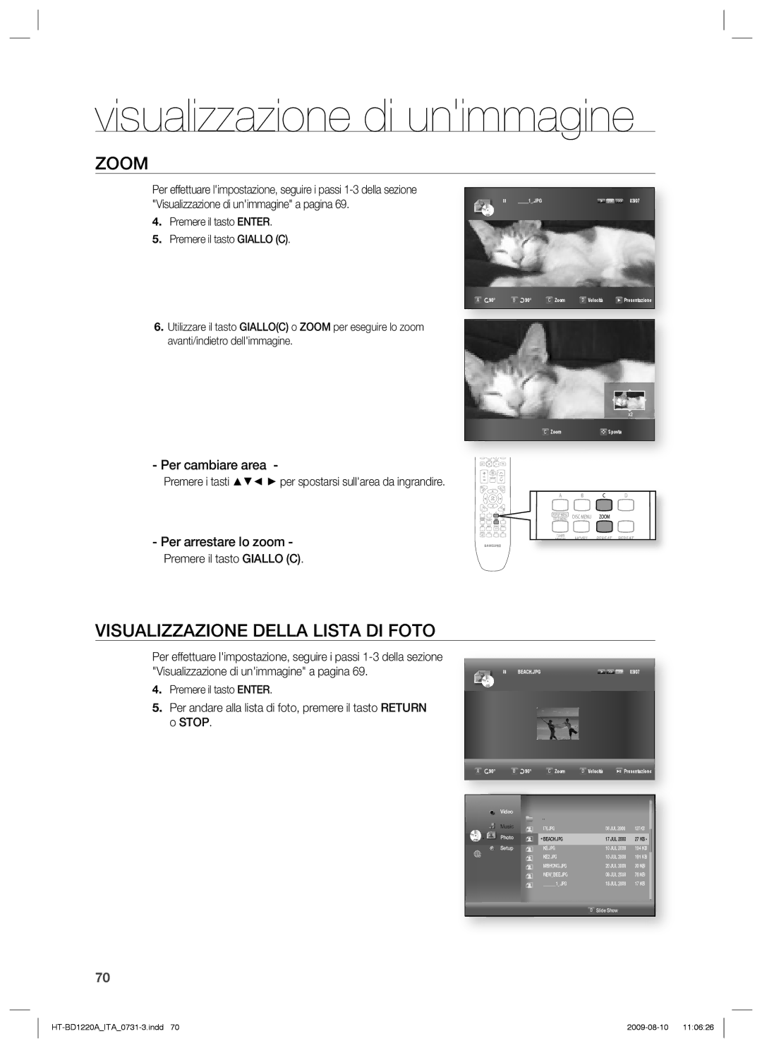 Samsung HT-BD1220R/XET manual Visualizzazione di unimmagine, Zoom, Visualizzazione Della Lista DI Foto, Per cambiare area 