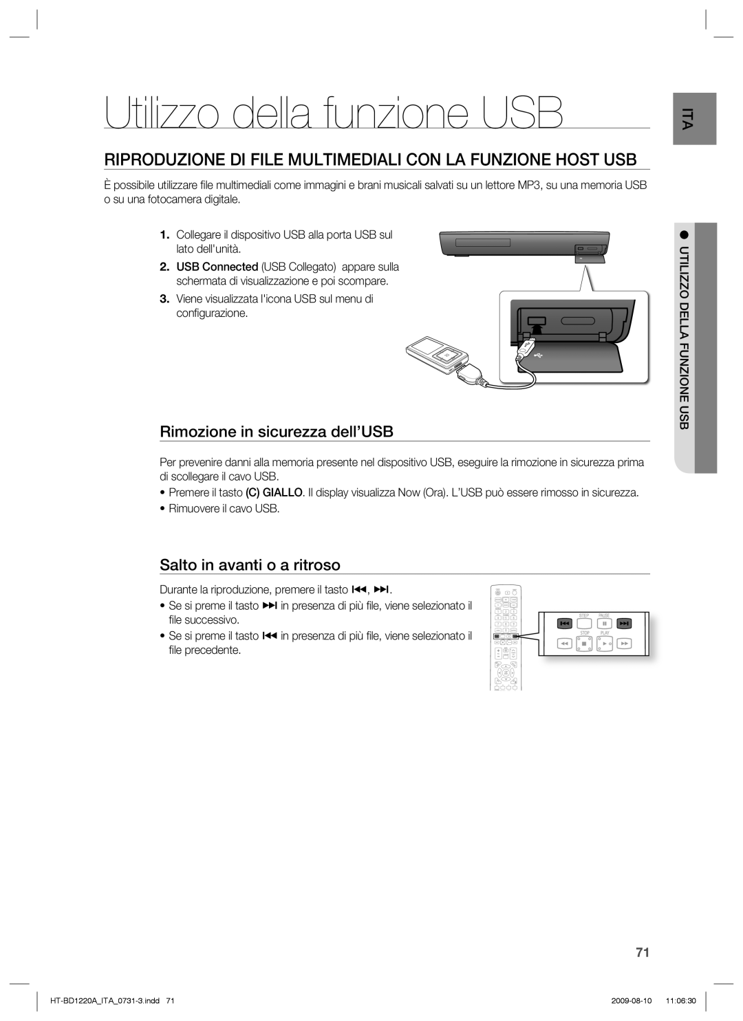 Samsung HT-BD1220R/XET manual Utilizzo della funzione USB, Riproduzione DI File Multimediali CON LA Funzione Host USB 