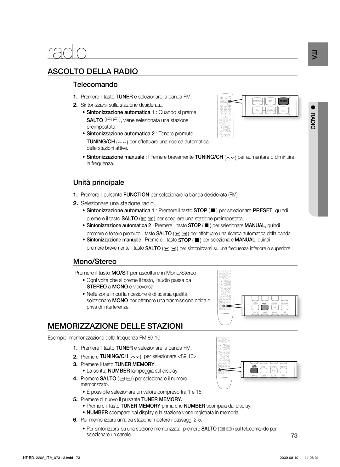 Samsung HT-BD1220R/XET manual Ascolto Della Radio, Memorizzazione Delle Stazioni 