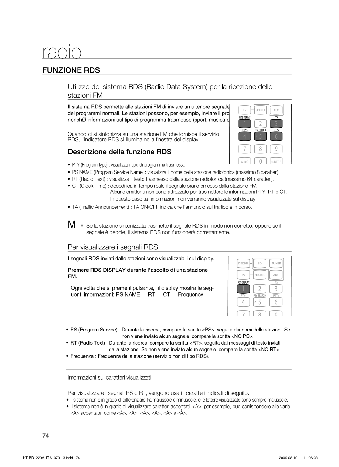 Samsung HT-BD1220R/XET manual Funzione RDS, Descrizione della funzione RDS, Per visualizzare i segnali RDS 