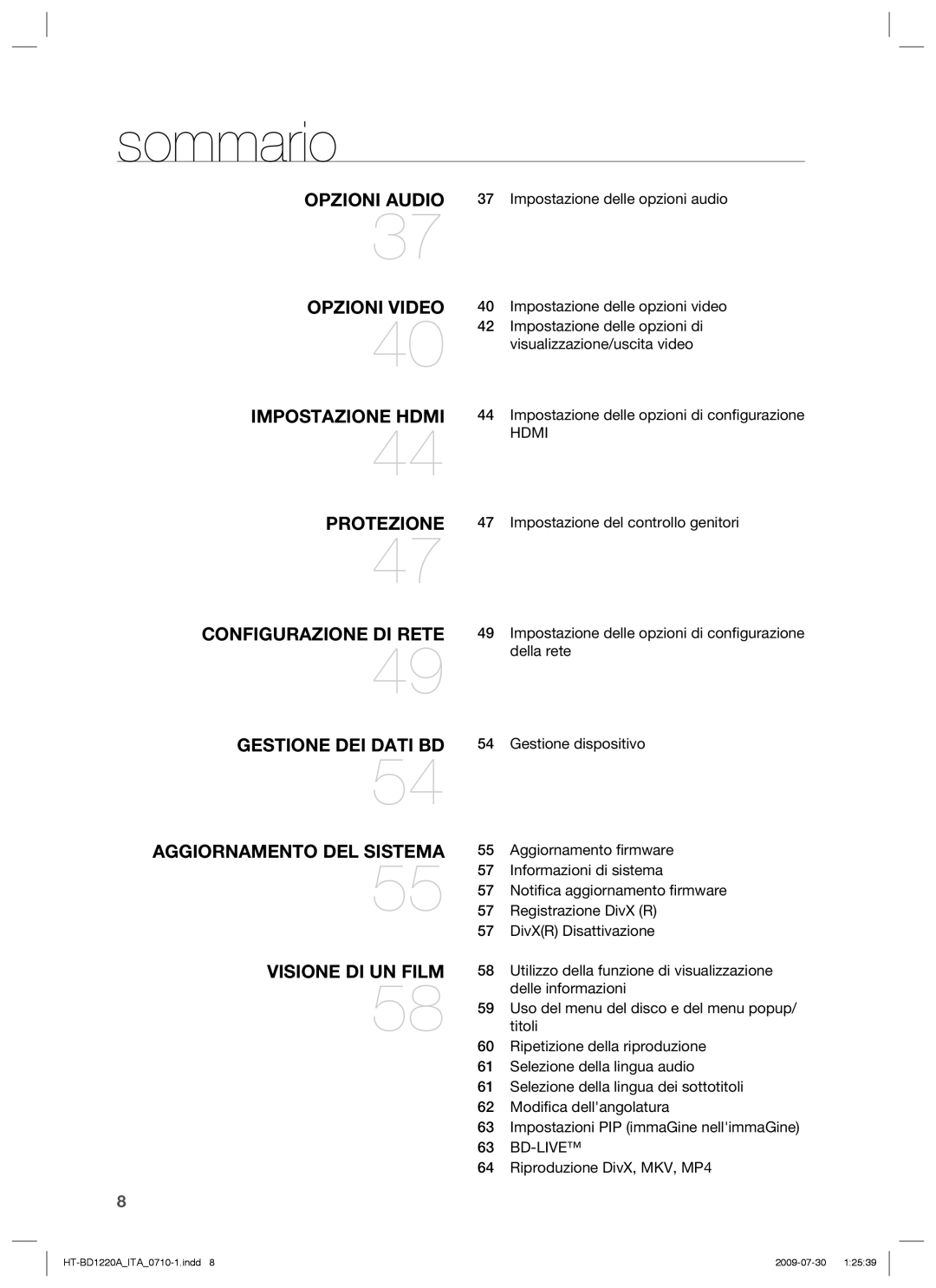 Samsung HT-BD1220R/XET Opzioni Audio 37 Impostazione delle opzioni audio, Aggiornamento ﬁrmware, Informazioni di sistema 