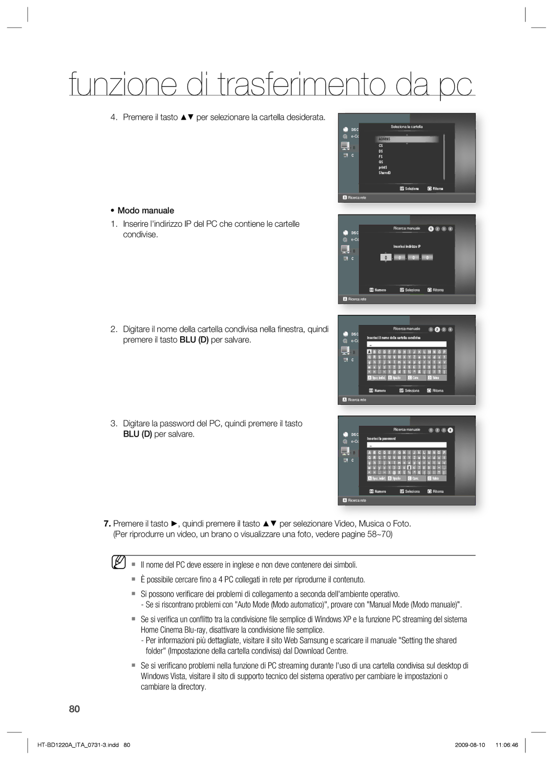 Samsung HT-BD1220R/XET manual Funzione di trasferimento da pc 