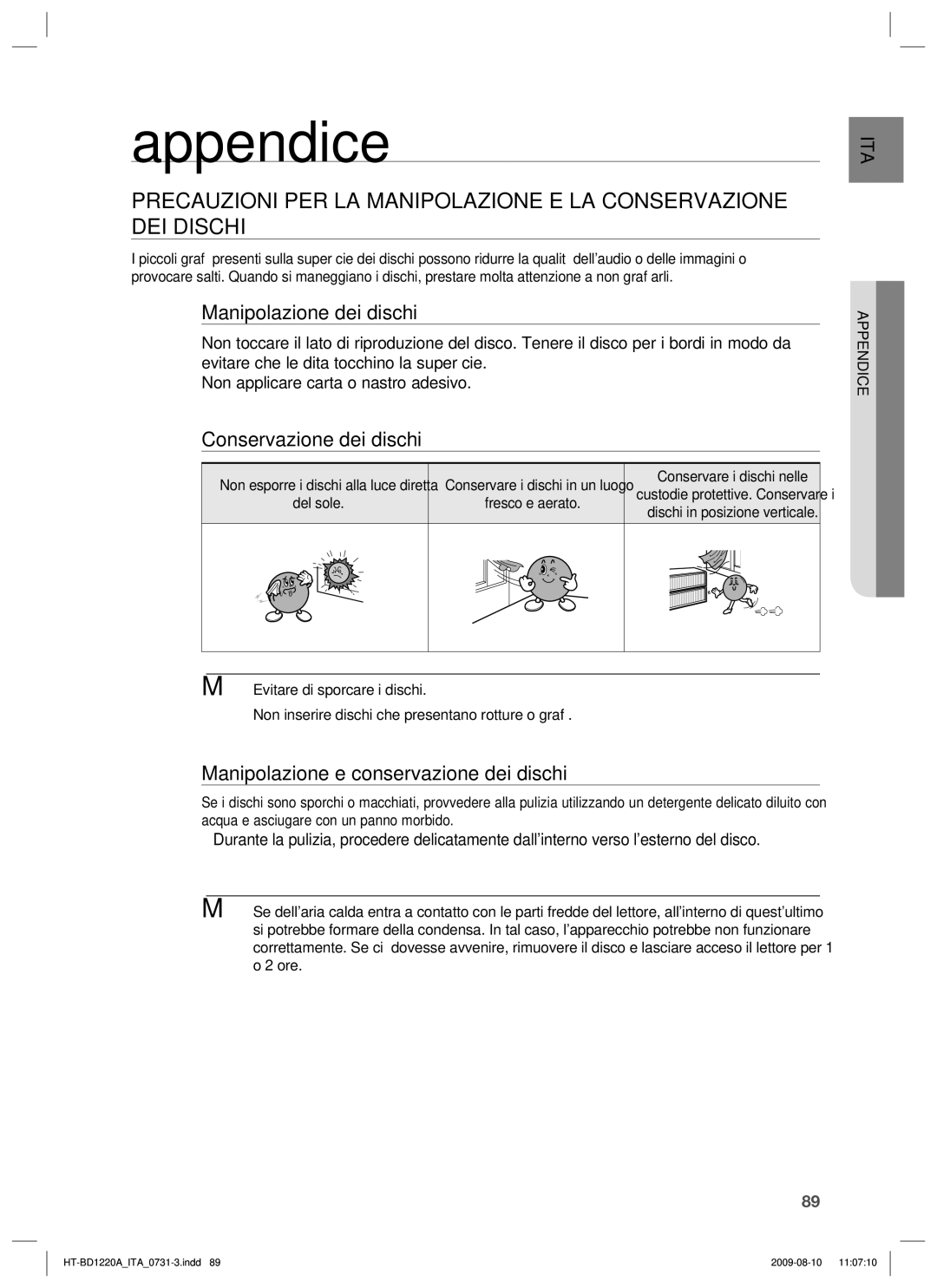 Samsung HT-BD1220R/XET manual Appendice, Manipolazione dei dischi, Conservazione dei dischi 