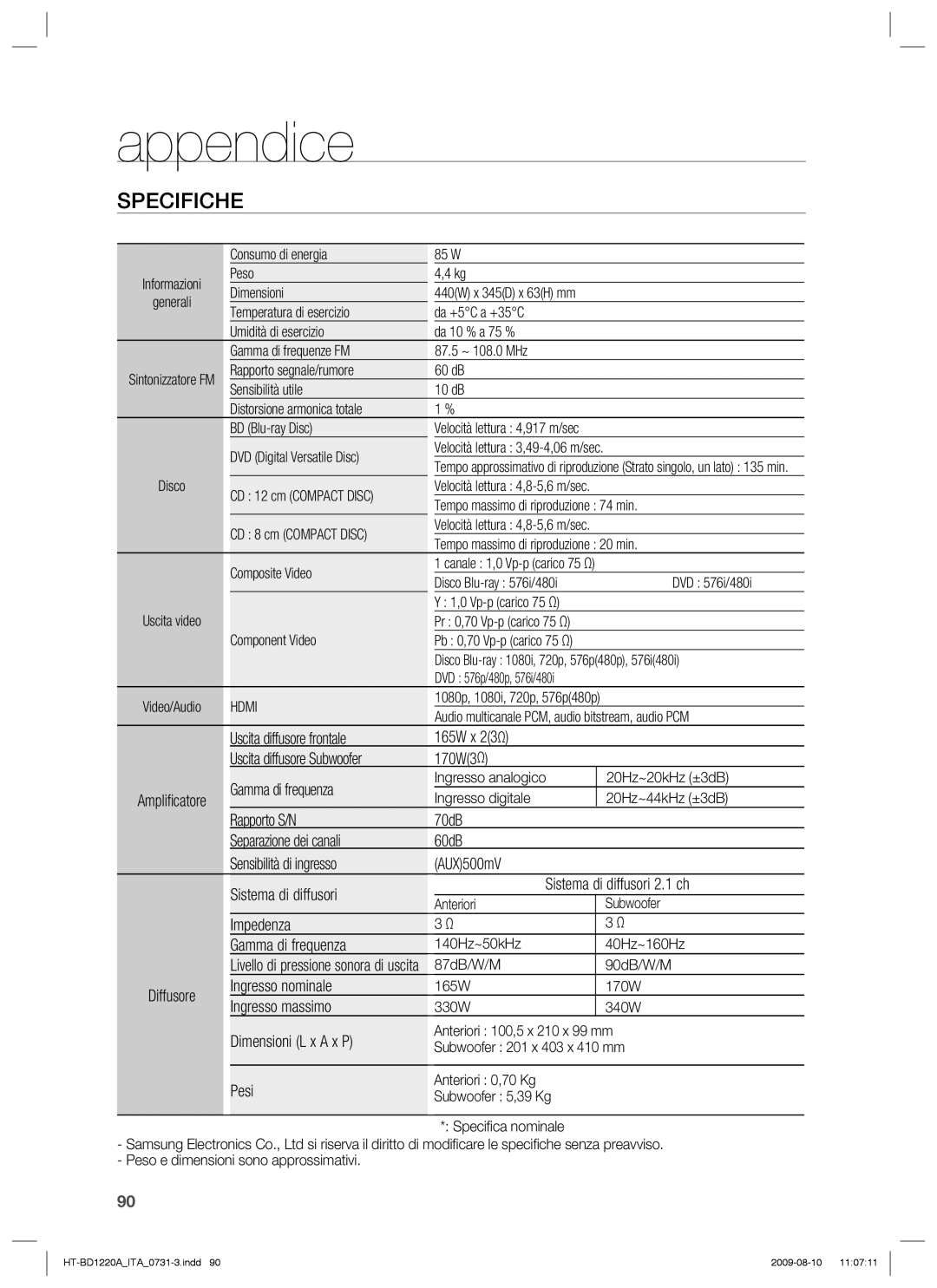 Samsung HT-BD1220R/XET manual Specifiche 