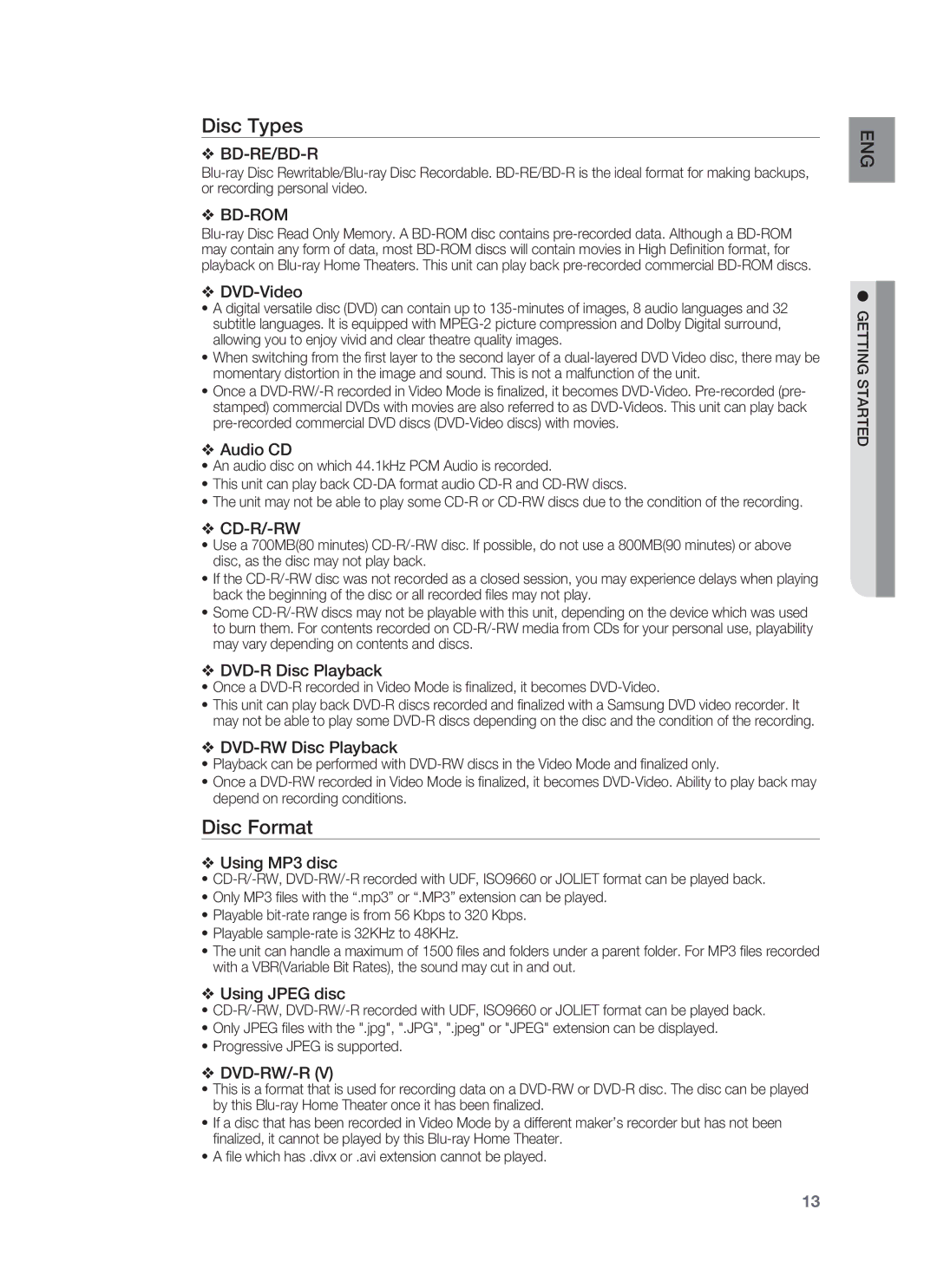 Samsung HT-BD1250 user manual Disc Types, Disc Format 