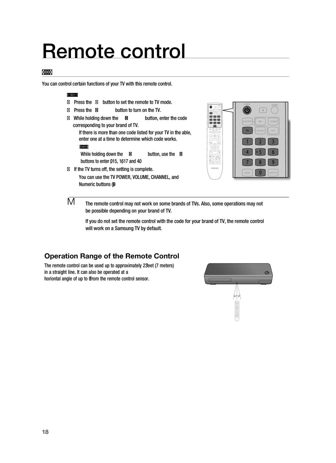 Samsung HT-BD1250 user manual Setting the Remote Control, Operation Range of the Remote Control 