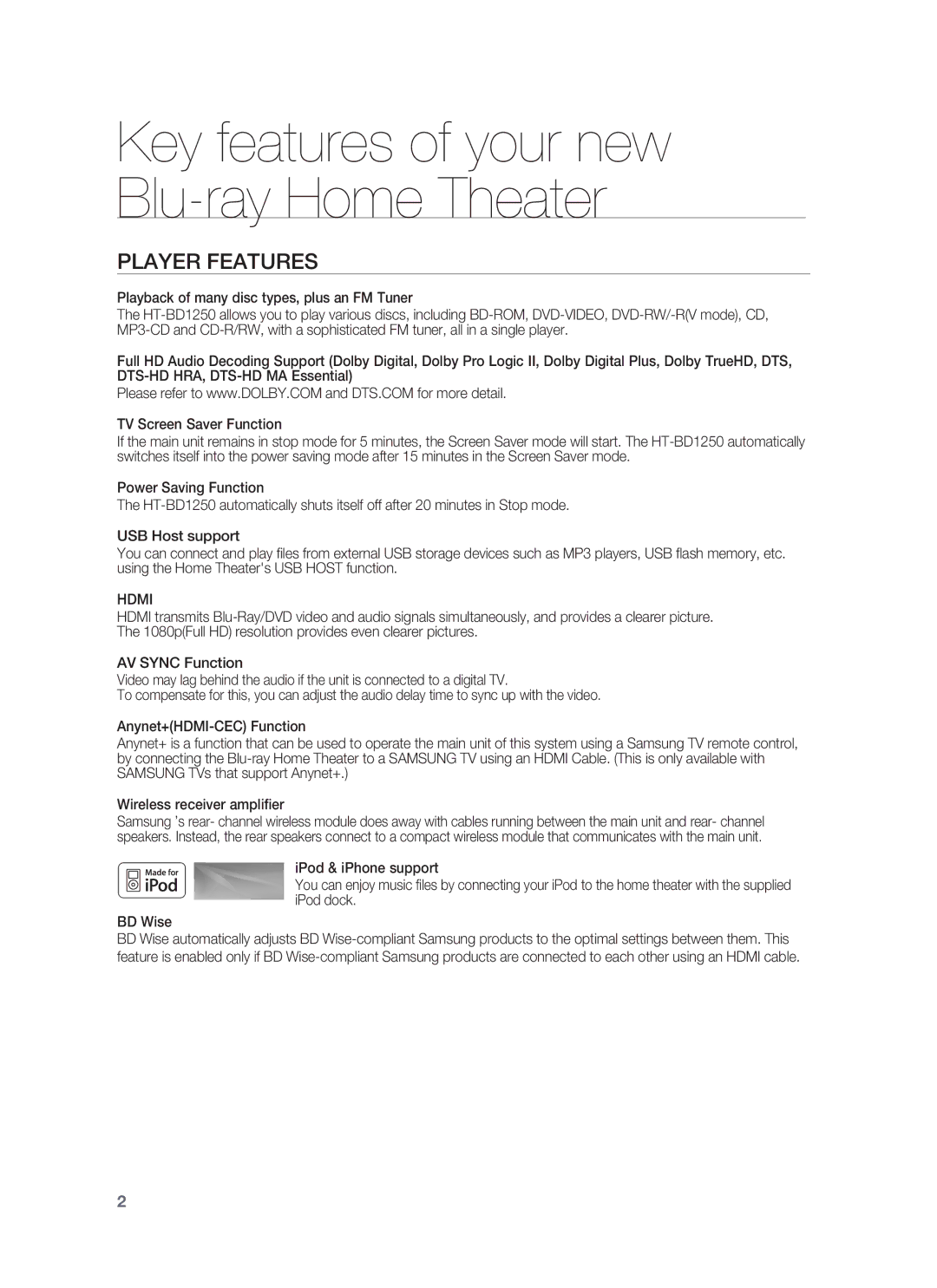 Samsung HT-BD1250 user manual Key features of your new Blu-ray Home Theater 