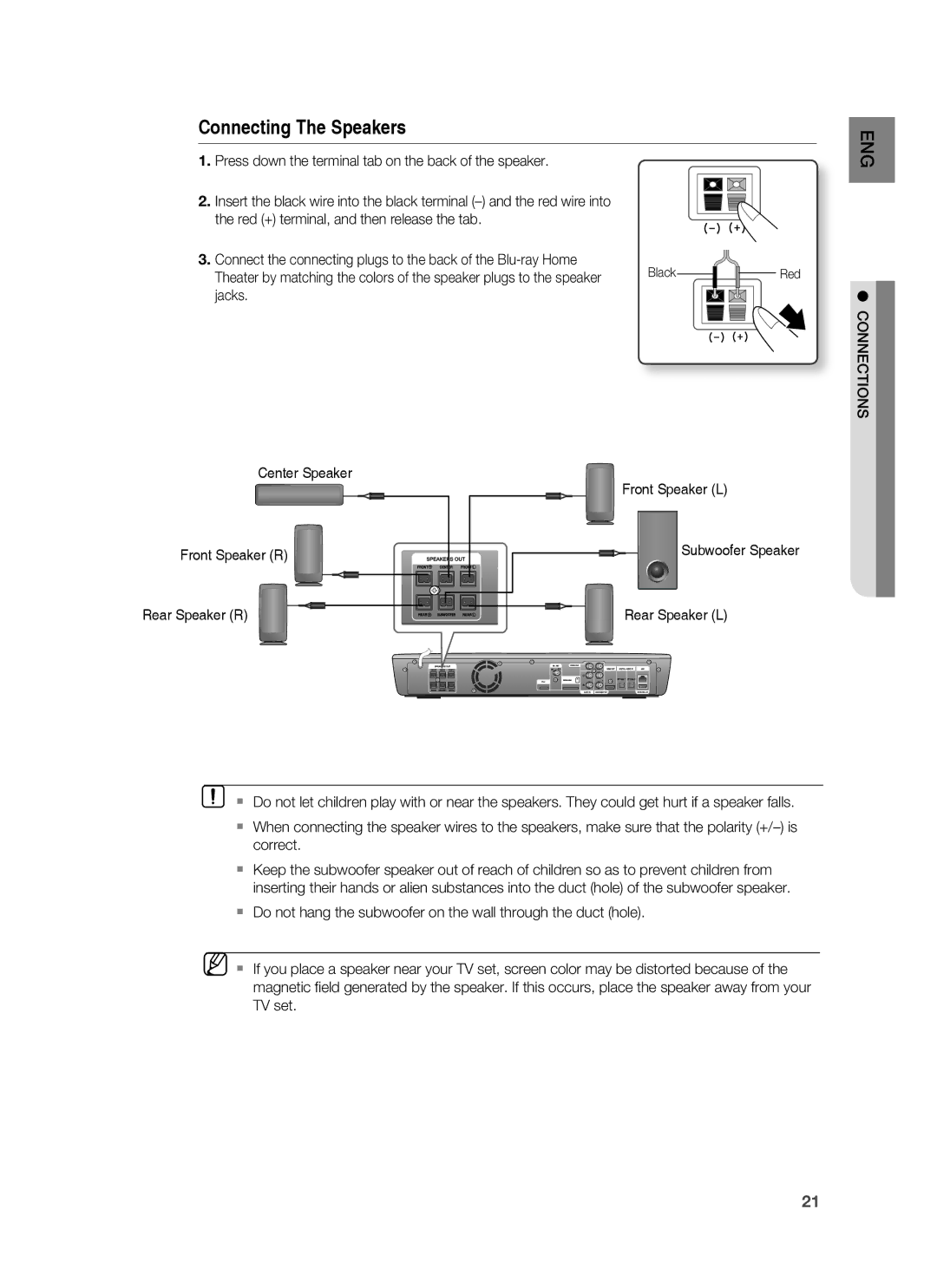 Samsung HT-BD1250 user manual Press down the terminal tab on the back of the speaker, Jacks, Connections 