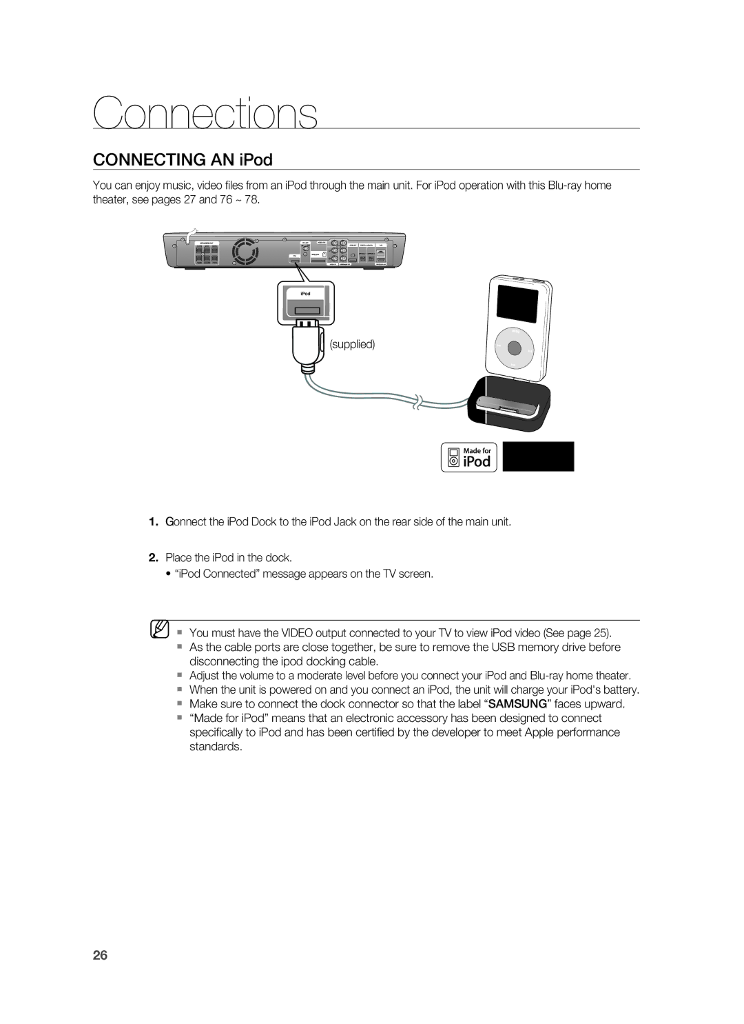 Samsung HT-BD1250 user manual Connecting AN iPod 