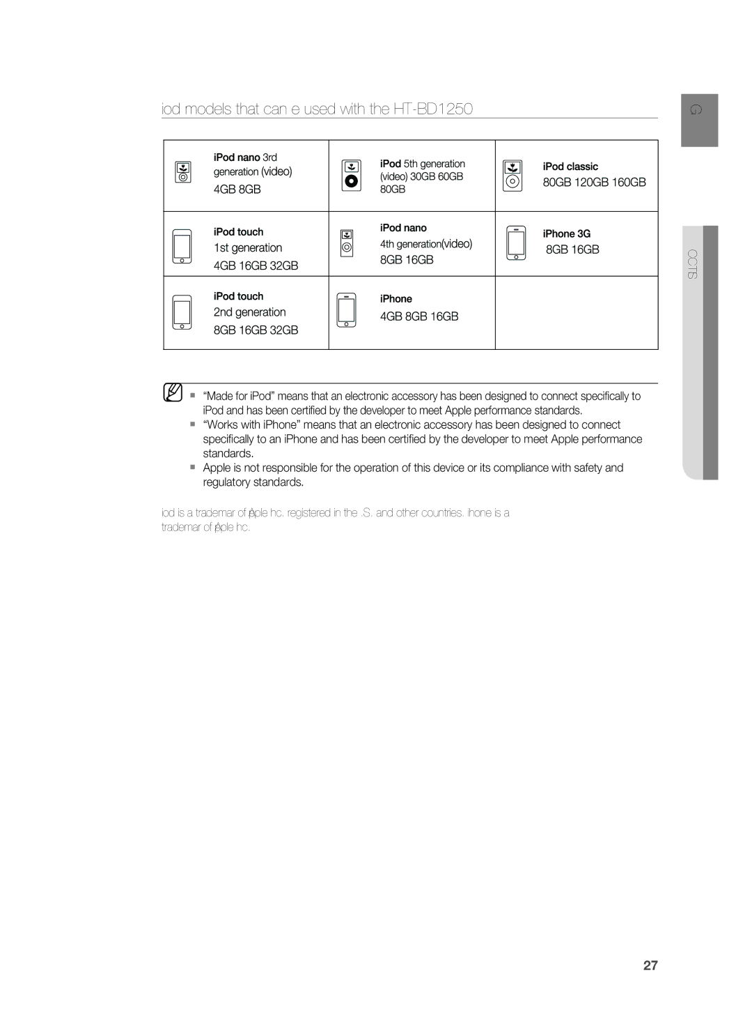 Samsung user manual IPod models that can be used with the HT-BD1250 