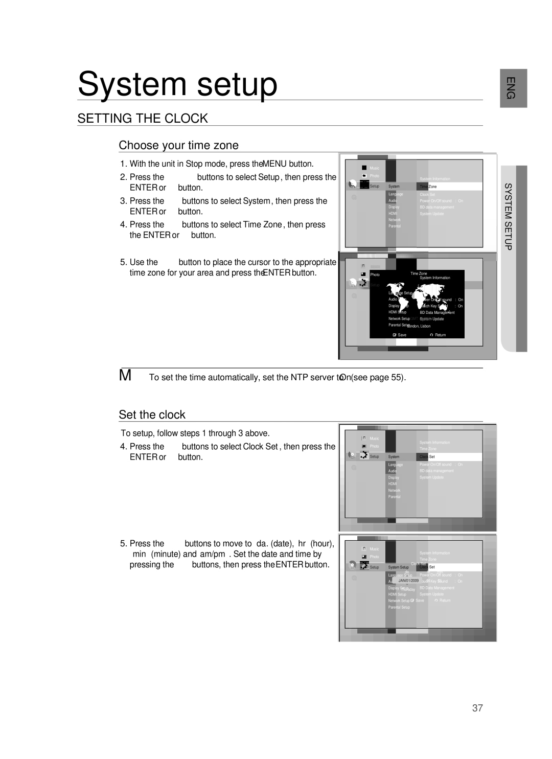 Samsung HT-BD1250 user manual System setup, Setting the Clock, Choose your time zone, Set the clock, System Setup 