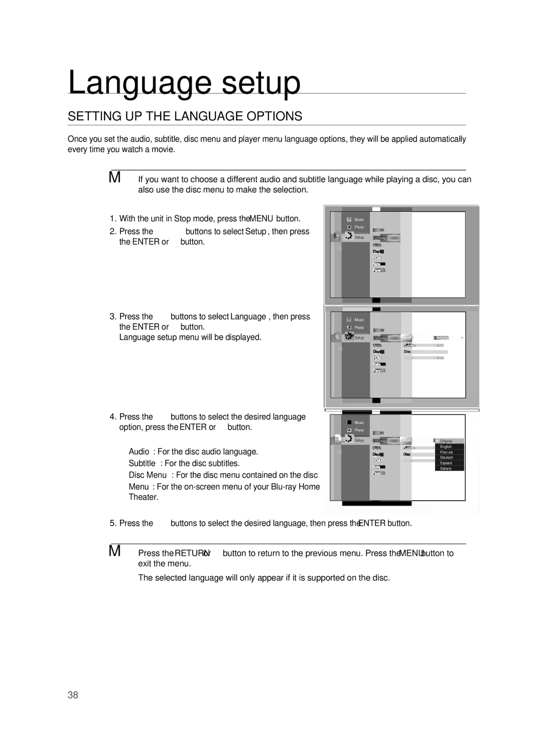 Samsung HT-BD1250 user manual Language setup, Setting UP the Language Options 