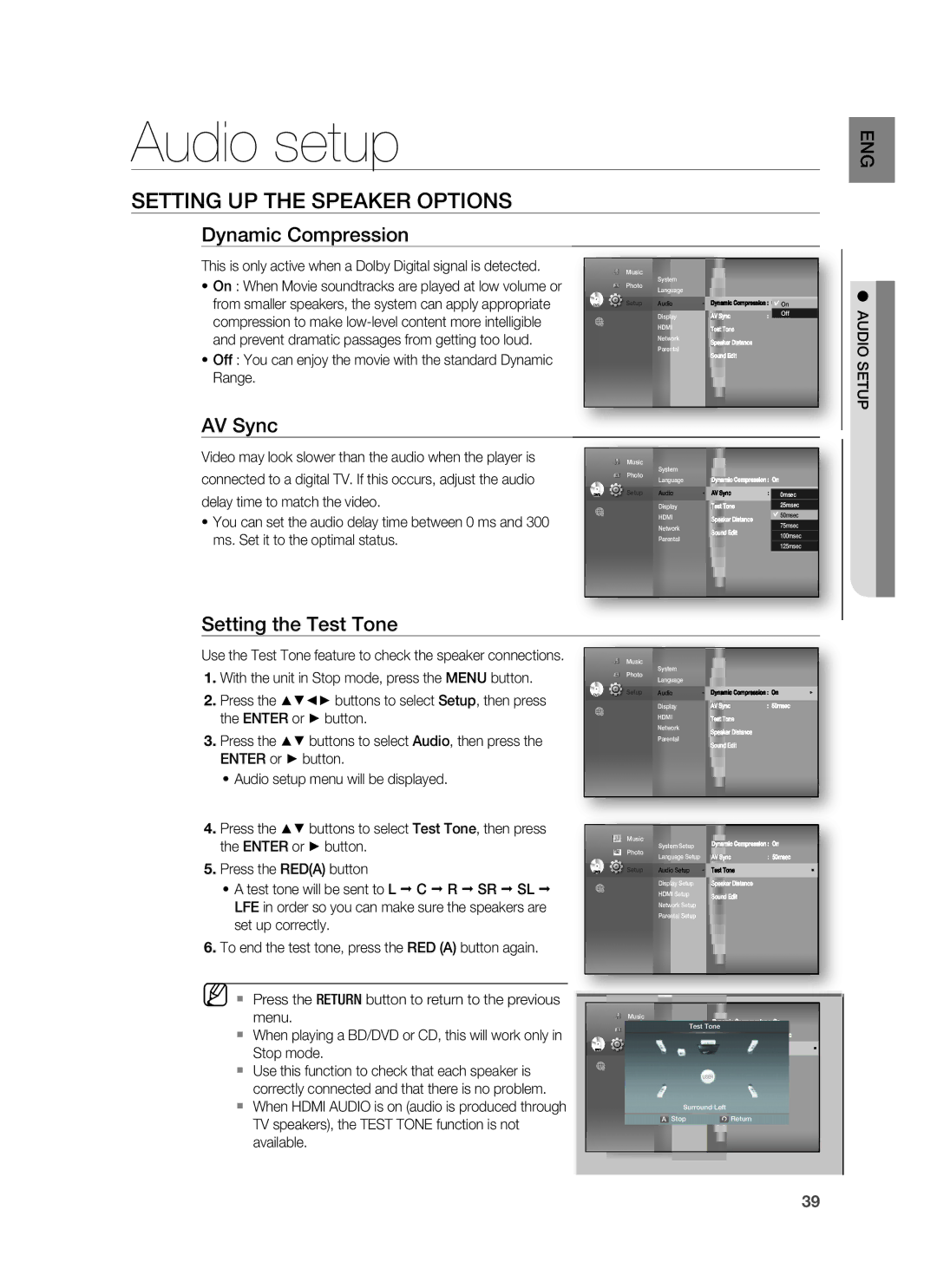 Samsung HT-BD1250 Audio setup, Setting UP the Speaker Options, Dynamic Compression, AV Sync, Setting the Test Tone 