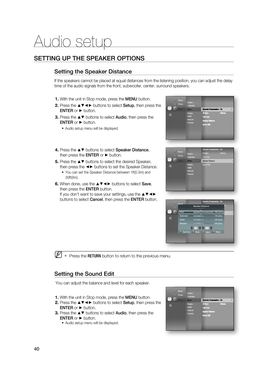 Samsung HT-BD1250 user manual Setting the Speaker Distance, Setting the Sound Edit 