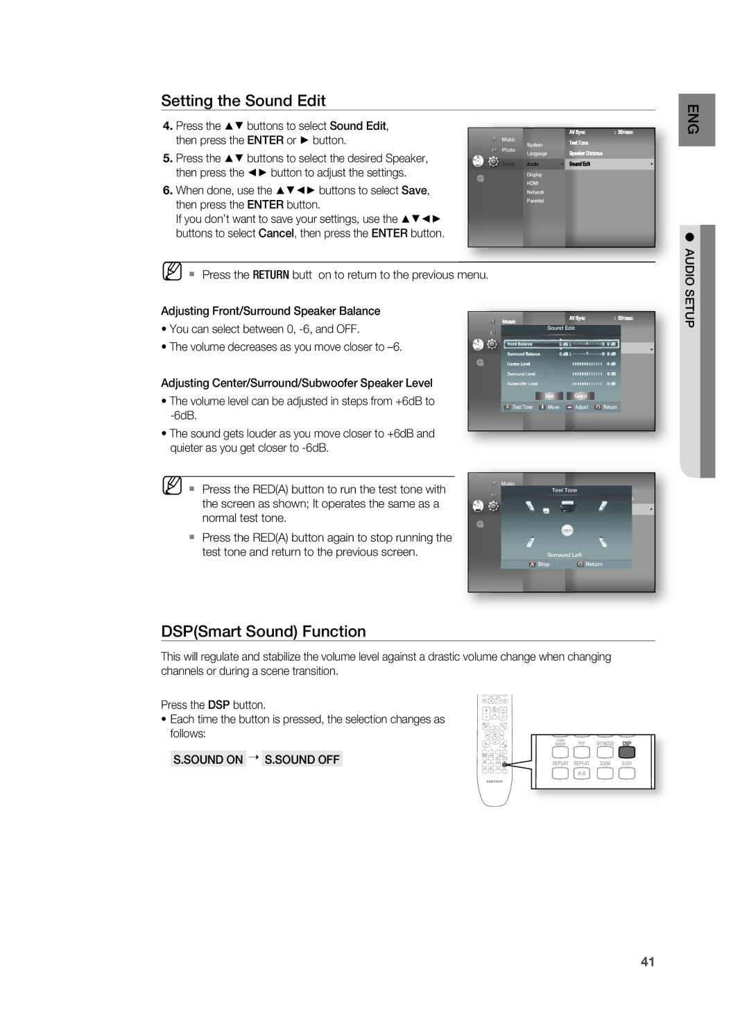 Samsung HT-BD1250 user manual DSPSmart Sound Function, Sound on S.SOUND OFF 