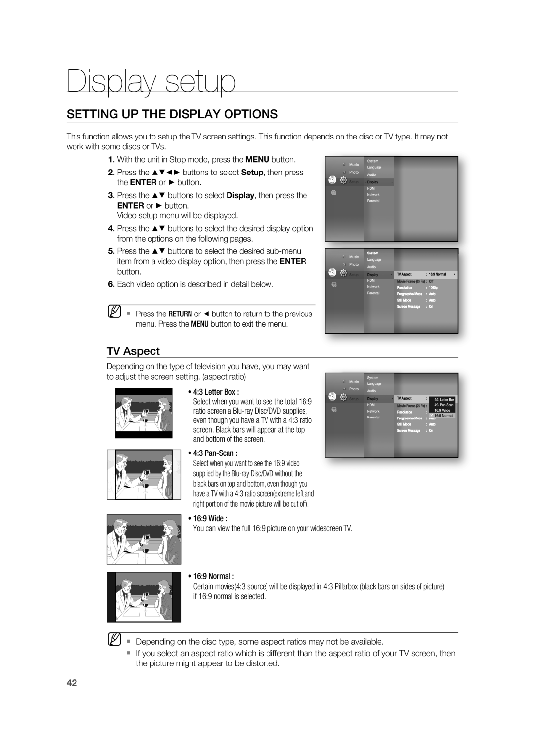 Samsung HT-BD1250 Display setup, Setting UP the Display Options, TV Aspect, Letter Box, Bottom of the screen Pan-Scan 