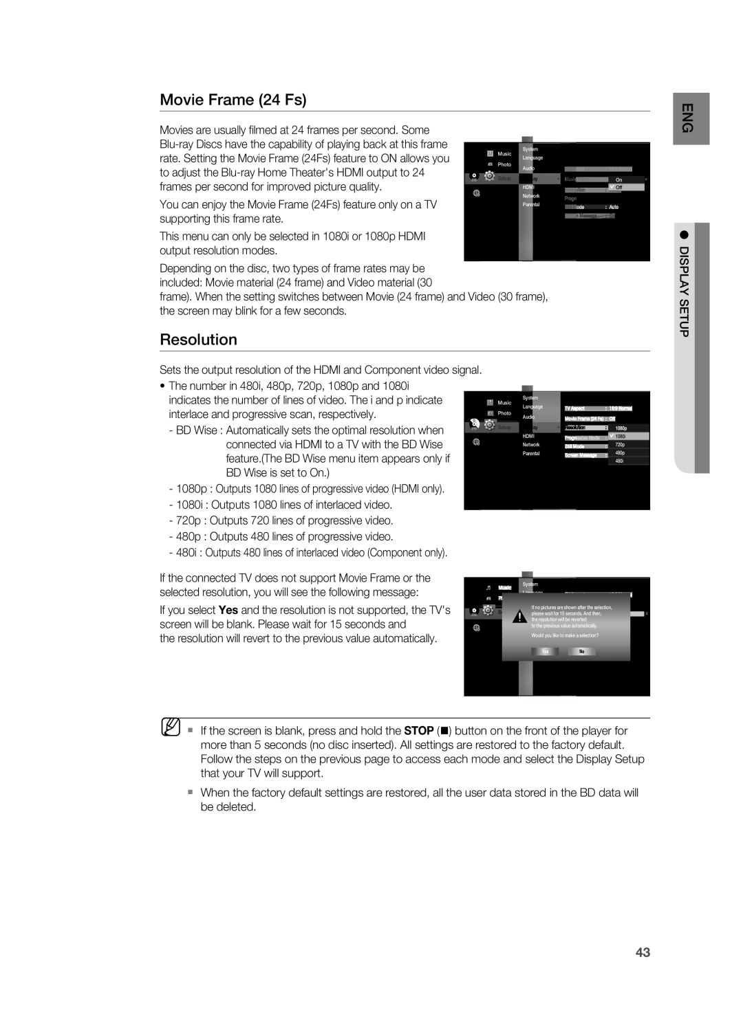 Samsung HT-BD1250 user manual Movie Frame 24 Fs, Resolution, Display Setup 