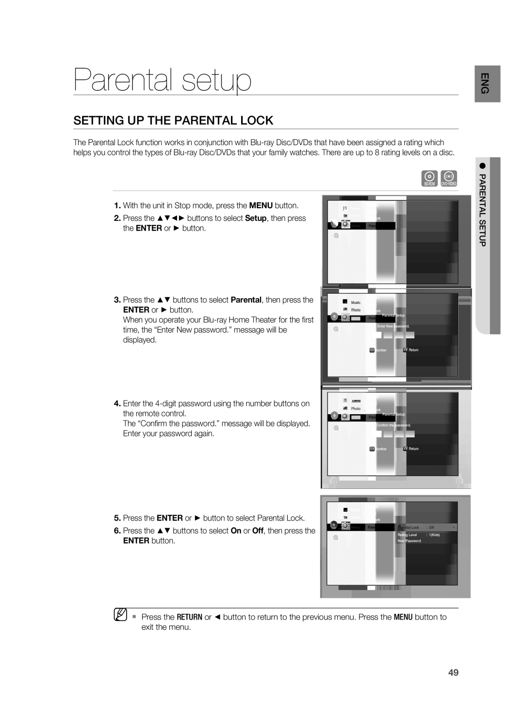 Samsung HT-BD1250 user manual Parental setup, Setting UP the Parental Lock 