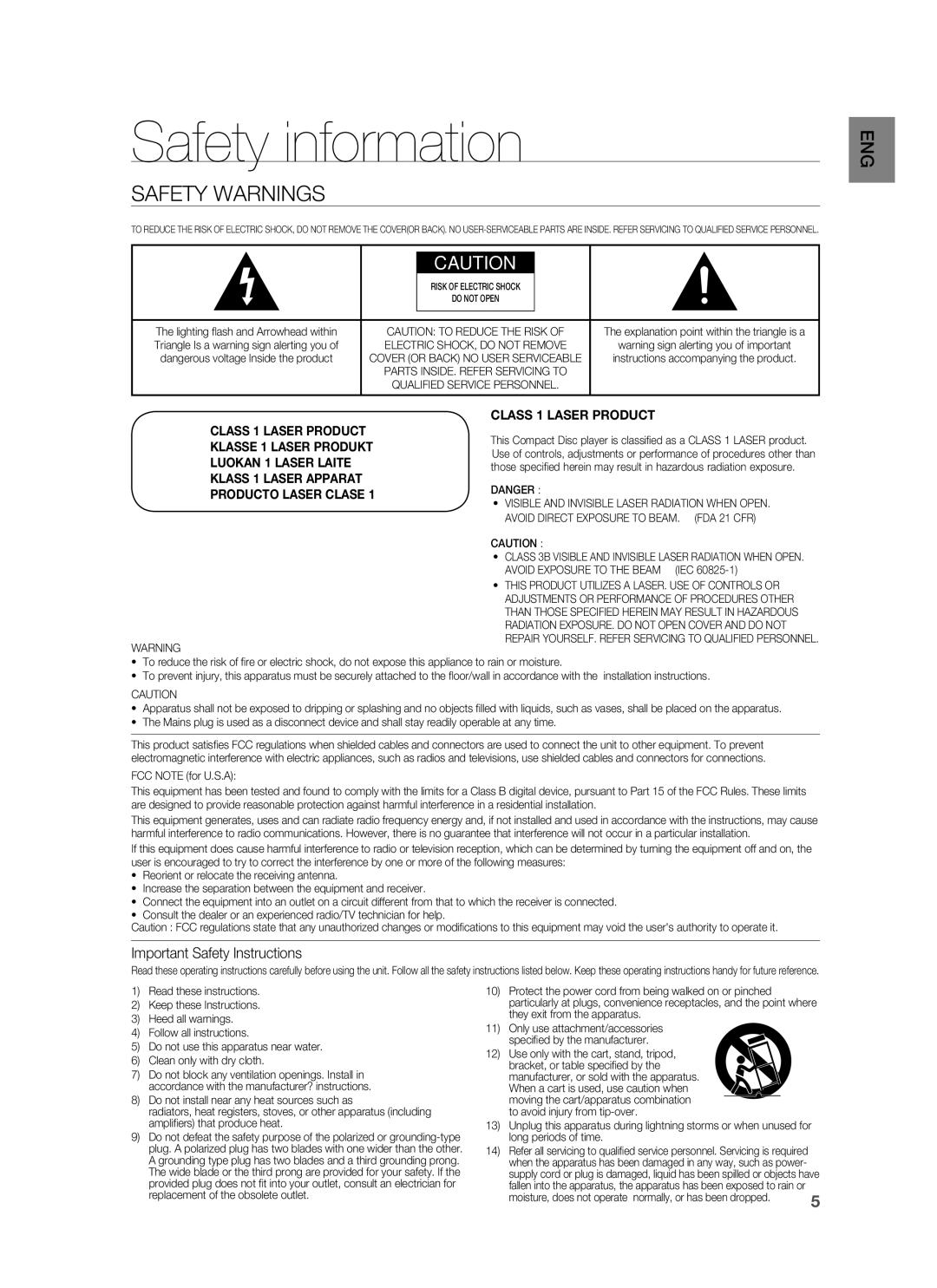 Samsung HT-BD1250 user manual Safety information, Safety Warnings, Important Safety Instructions 