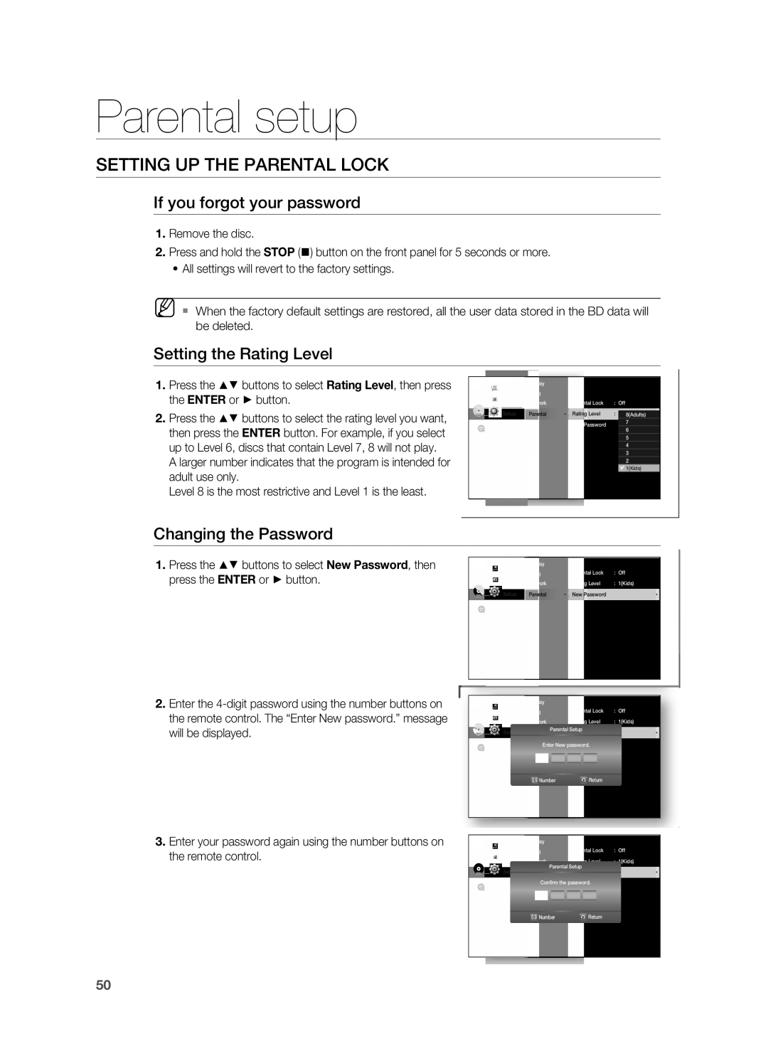 Samsung HT-BD1250 user manual If you forgot your password, Setting the Rating Level, Changing the Password 