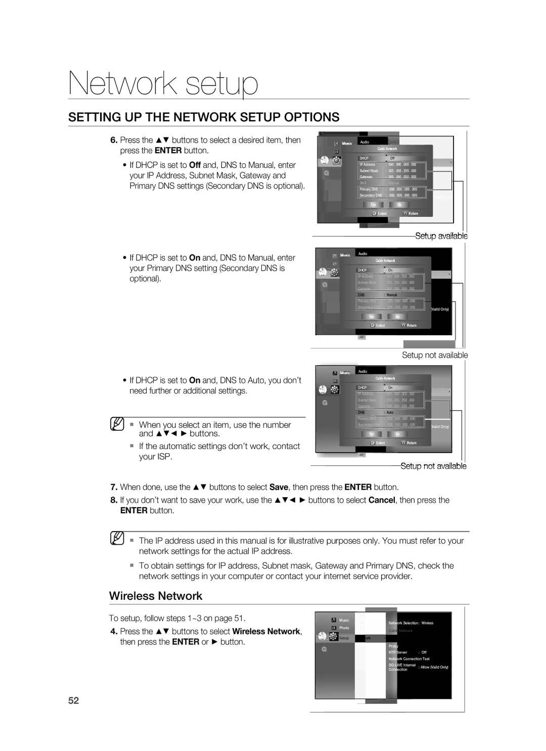 Samsung HT-BD1250 user manual Network setup, Wireless Network 