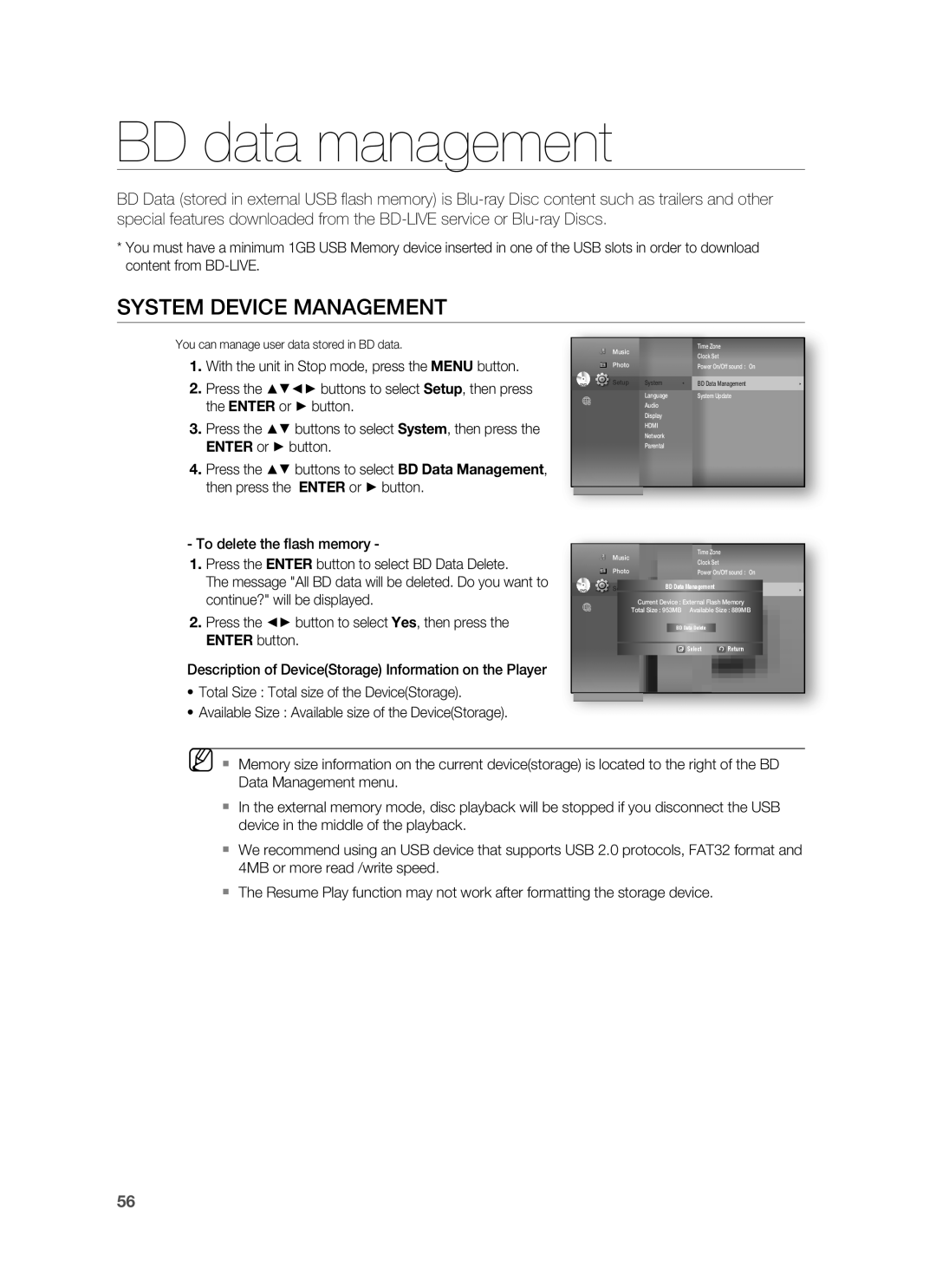 Samsung HT-BD1250 user manual BD data management, System Device Management 